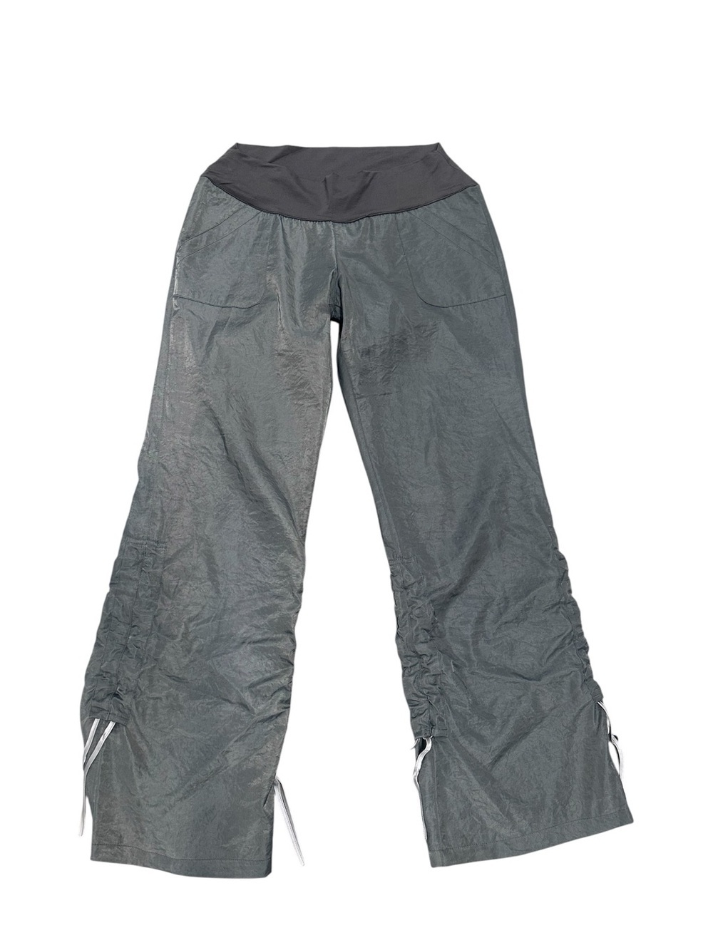 Zyoov Low Rise Ruched Parachute Pants Gray Satin Cargo Lounge Pants Sz S Y2K